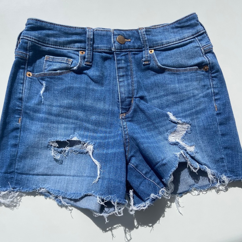 High Rise Midi Distressed Denim Shorts 2/26